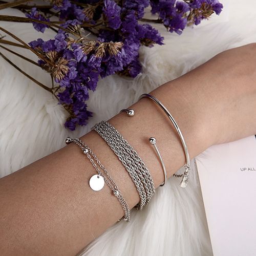 4-piece bracelet sets Simple silver glossy tassel bracelet, personalized multi-layer chain wafer
