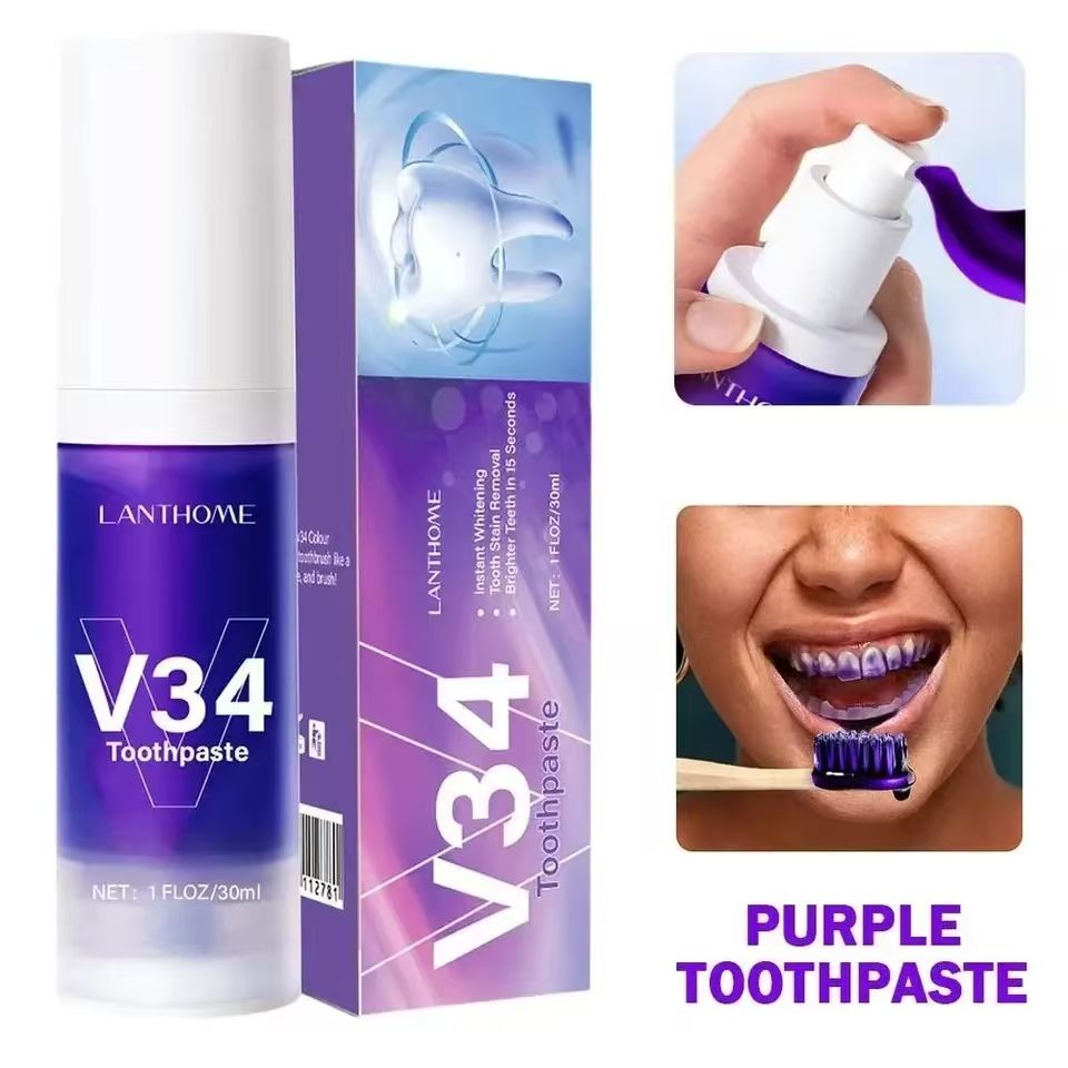 V34 Purple Whitening Toothpaste Remove Stains Teeth Whitening Reduce Yellowing Care For Teeth Gums Fresh Breath Brightening Teeth