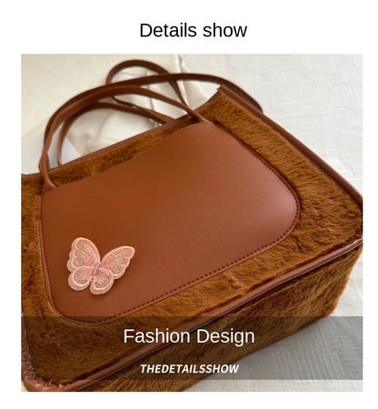 Tote Bags shoulder bag Butterfly decorative Mariposa Tote PU leather with Fluffy bag