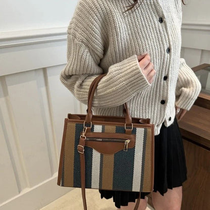 Mateamoda Elegant Striped Tote Bag with Rich Leather Accents Crossbody Bag Underarm Handbag