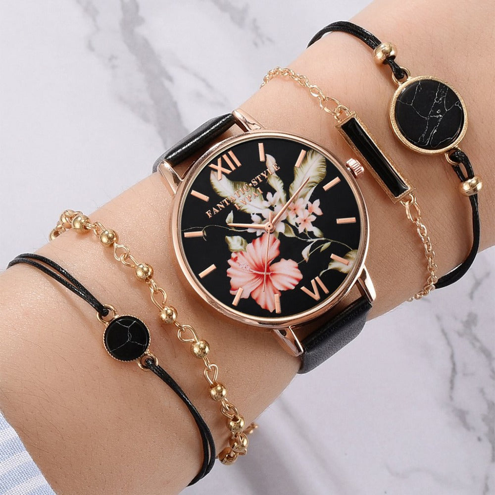 Lvpai 5pcs set Women Watches Bracelet Black Ladies Bracelet Flowers Butterfly Dial Women Watches Leather Band Watch Casual Leather Quartz Wristwatch Gift For Girlfriend