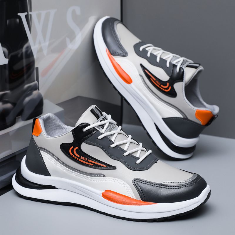 Size 41-45 Men's PU artificial leather fashion sneakers outdoor sports shoes students running shoes Boys walking shoes athletic driving shoes grey +orange