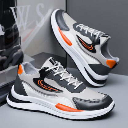 Size 41-45 Men's PU artificial leather fashion sneakers outdoor sports shoes students running shoes Boys walking shoes athletic driving shoes grey +orange