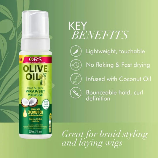 ORS Olive Oil Hold & Shine Wrap/Set Mousse with Coconut Oil Tames Frizz, twists and defines curls