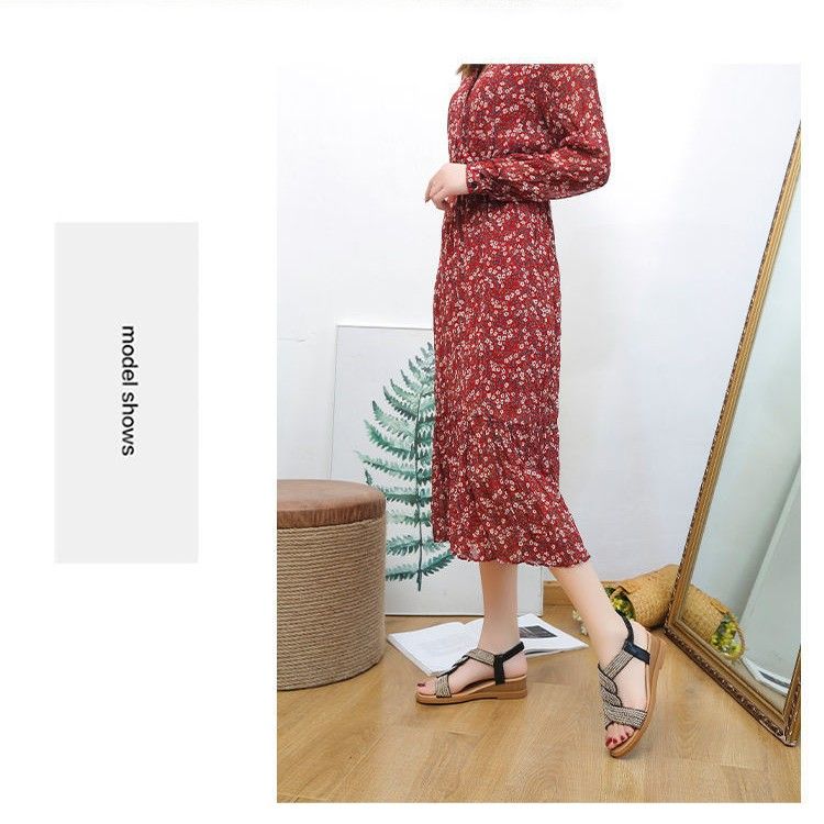 Wedge Flats Sandals Cross Wide Strip Design Sense Rhinestone Fashion Casual Women's Shoes