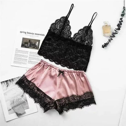 Women Lace Sexy Pajamas Nightclothes Black PINK L XL XXL V Neck Low Cut Lace Top And Ice Silky Shorts