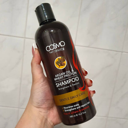 COSMO Hair Naturals Argan Oil and Wheat Protein Shampoo 480ml Gentle Daily Care Sulfate and Paraben Free to Strengthen and Restore Hair - 480ml Nourishes Scalp Strengthens and Repairs