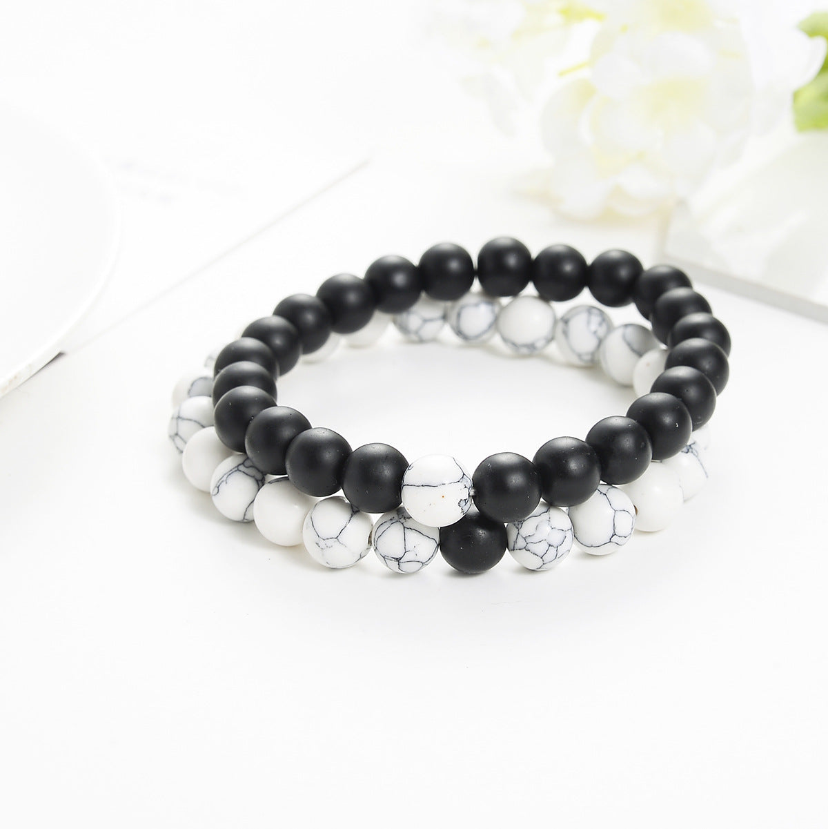 Set Bracelet Couples Distance Black White Natural Lava Stone Tiger Eye Beaded Yoga Bracelets for Men Women Elastic Rope Jewelry