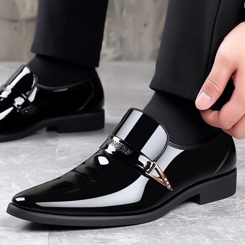 ASSKLO Business formal leather shoes exhibition increased height breathability resistance durability wedding groom's pointed toe slip on loafers dress shoes shiny Black [choose bigger size]