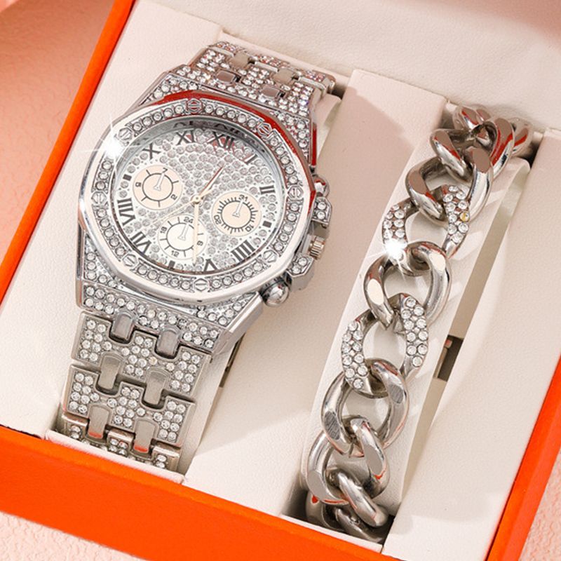 2Pcs Fashion Trend Luxury Luxury Hip Hop Three Eyes Rome Full Of Diamonds British Watch Atmospheric Diamond Bracelet Gift Set