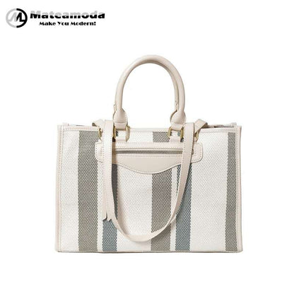 Mateamoda Elegant Striped Tote Bag with Rich Leather Accents Crossbody Bag Underarm Handbag