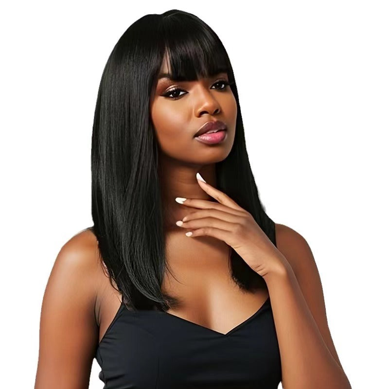 Long straight synthetic bangs medium long hair black wigs for women