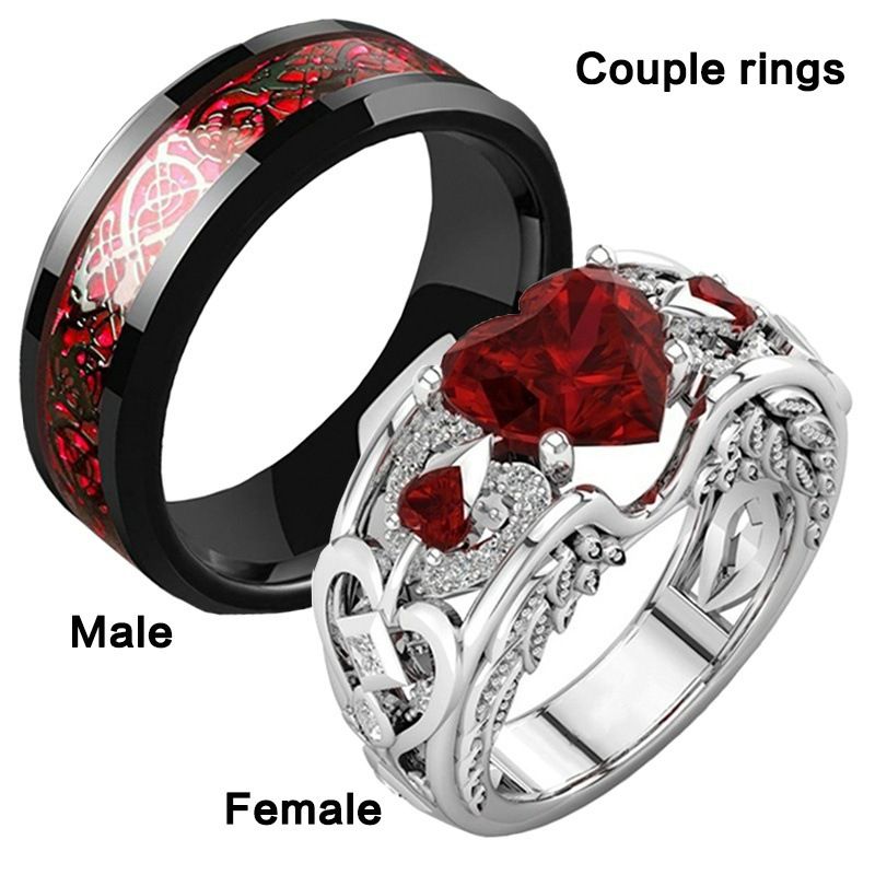 Fashion Couple Rings Black Tungsten Wedding Celtic Dragon Rings For Men Inlaid Green Zircon Punk Men Stainless Steel Red Carbon Fibre Ring