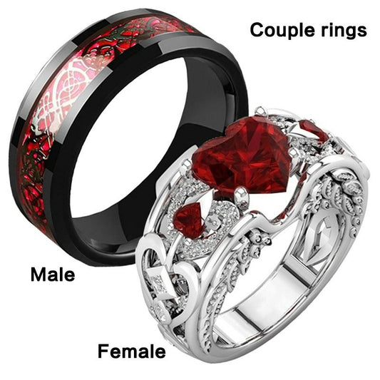 Fashion Couple Rings Black Tungsten Wedding Celtic Dragon Rings For Men Inlaid Green Zircon Punk Men Stainless Steel Red Carbon Fibre Ring