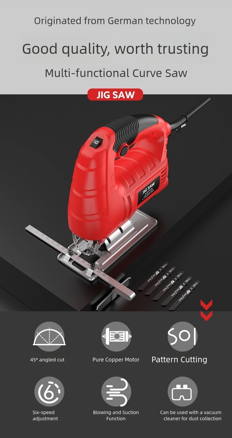 6-Speed Control Electric Jigsaw with 10 Wood Cutting Blades, 45° Bevel Cutting, ,Jig Saw (official standard kit)