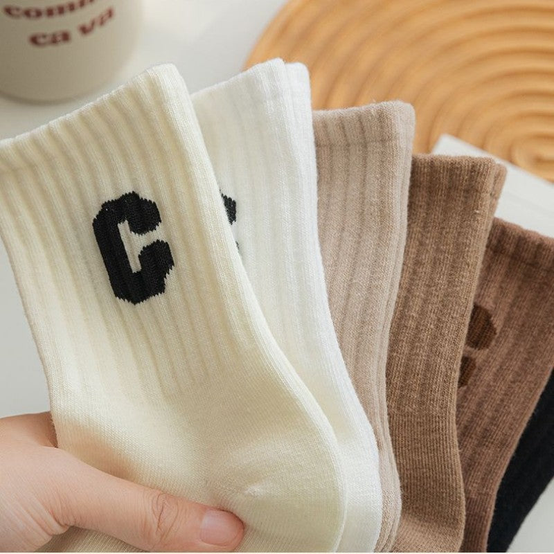 5 Pairs Of Socks Cotton Stockings Bling Ladies Trend All-fit Mid-tube Socks Autumn Winter Vertical Bar Letter Kinematic Growth Socks