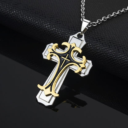 New two-layer oil drip personalized gold black cross men's titanium steel chain pendant necklace