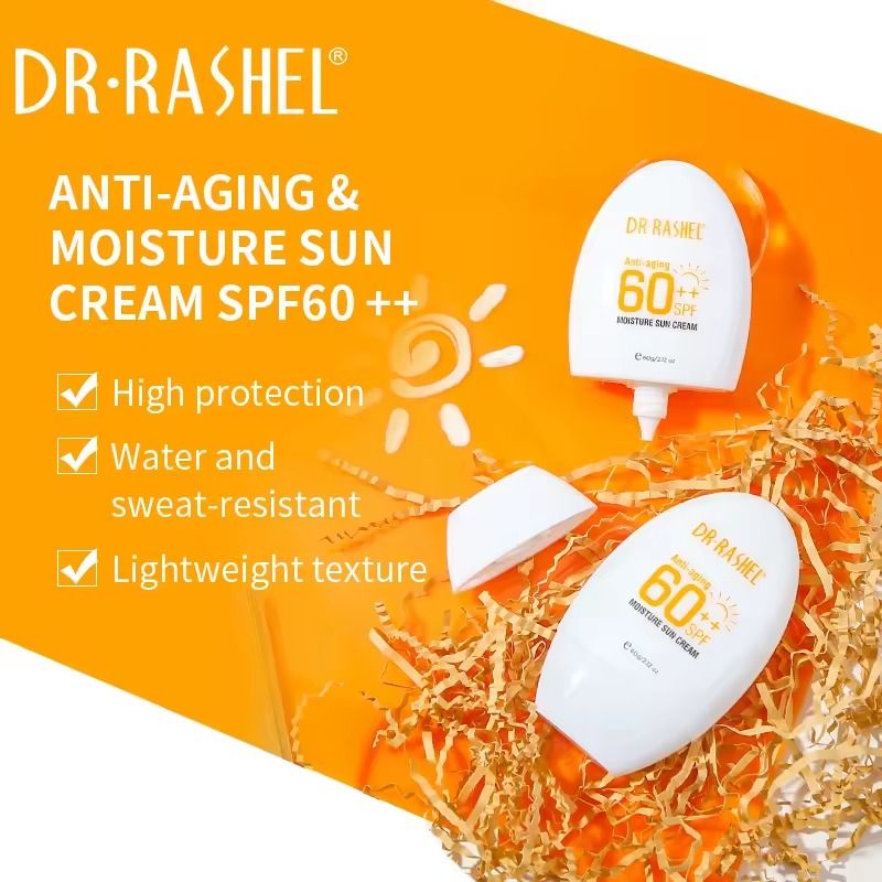 Sun Cream Dr Rashel Anti‑Aging Moisture SPF 60++ Lightweight Hydrating UV Defense Broad-Spectrum Sunscreen for Face & Body – Invisible Finish, Dark Spot Prevention (60 g)