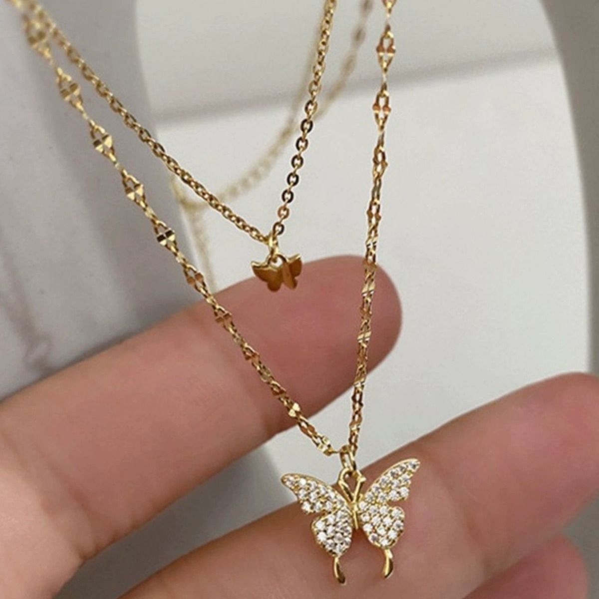Double-layer Butterfly Necklace Female Necklace Niche Temperament Simple New Style Advanced Design Titanium Steel Does Not Fade