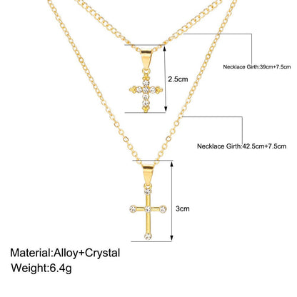 European And American New Exaggerated Personality Full Diamond Cross Pendant Chain Collarbone Chain Necklace Double Stacked Necklace