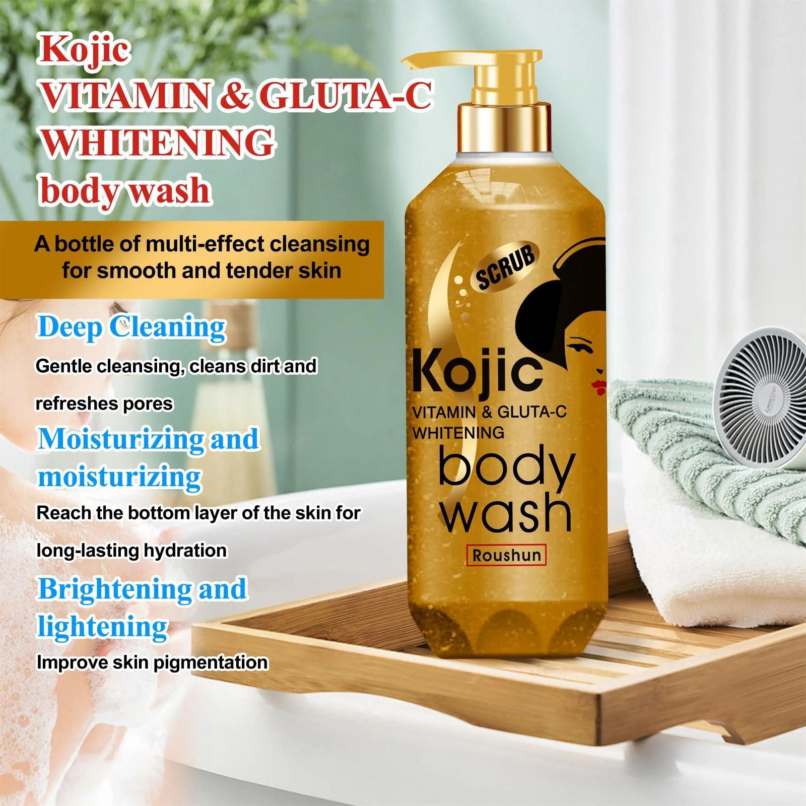 ROUSHUN Body Wash Kojic Vitamin C & GLUTA-C Whitening Body Wash Removes Acnes Clear Pimples Cleans and Hydrates Glow and Shine Kojic Scrub Shower Cream 1000 ml Body Washe