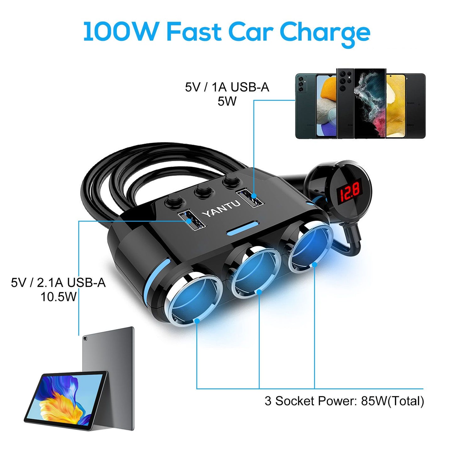 Cigarette Lighter Adapter & Splitter with 150W 3-Sockets & LED Ambient Lighting, Dual USB Fast Charging Car Outlet 12V, Car Cigarette Lighter Socket Plug Extension for Vehicles