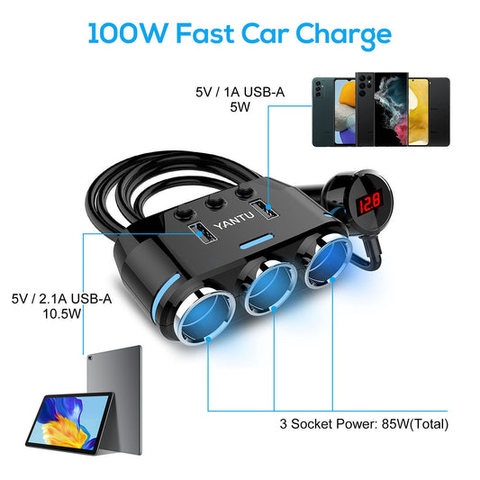 Cigarette Lighter Adapter & Splitter with 150W 3-Sockets & LED Ambient Lighting, Dual USB Fast Charging Car Outlet 12V, Car Cigarette Lighter Socket Plug Extension for Vehicles