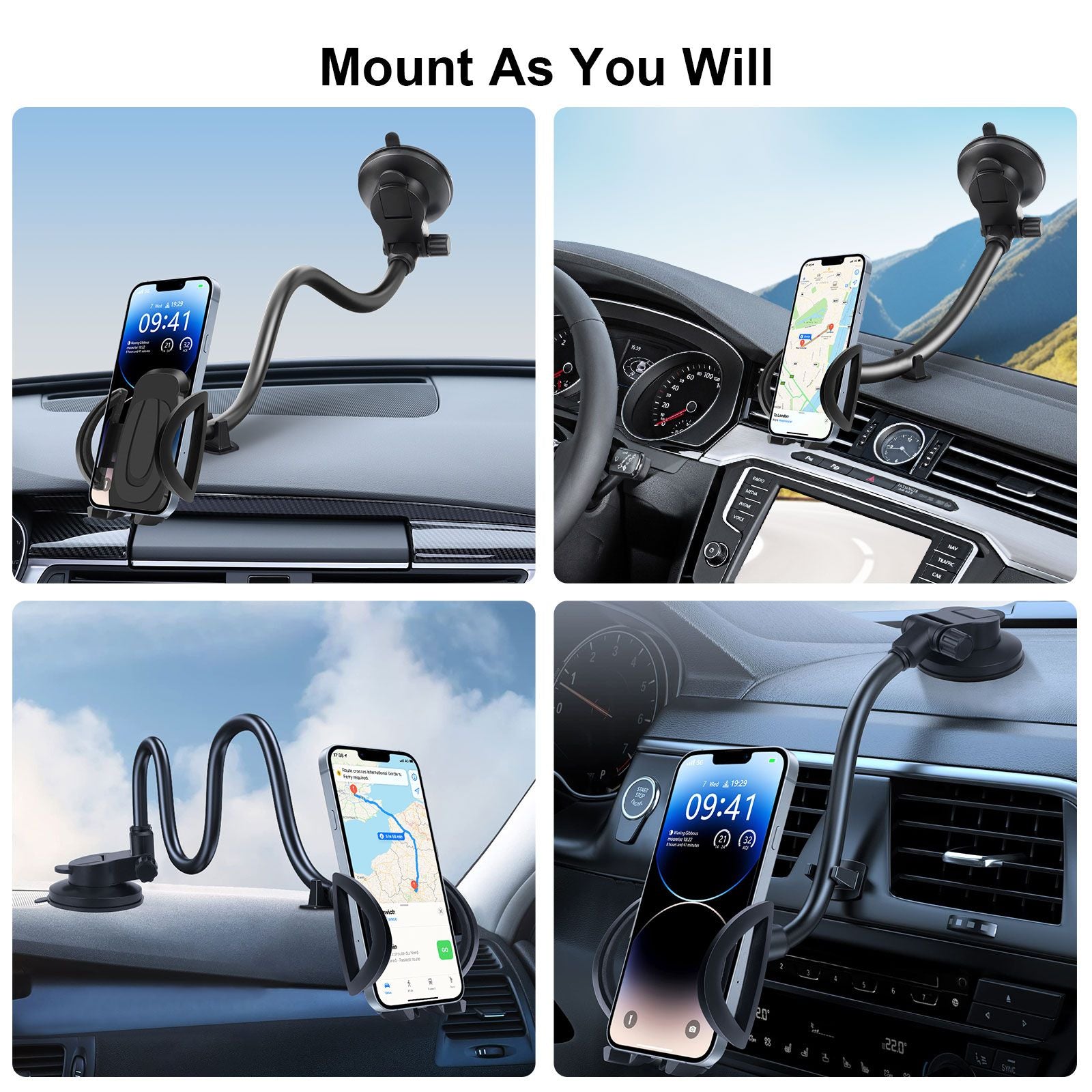 Car Phone Holder, 14in Long Arm Cell Phone Car Mount, Anti-Shake Windshield Dashboard Cradle for 4.0-6.8in Phones