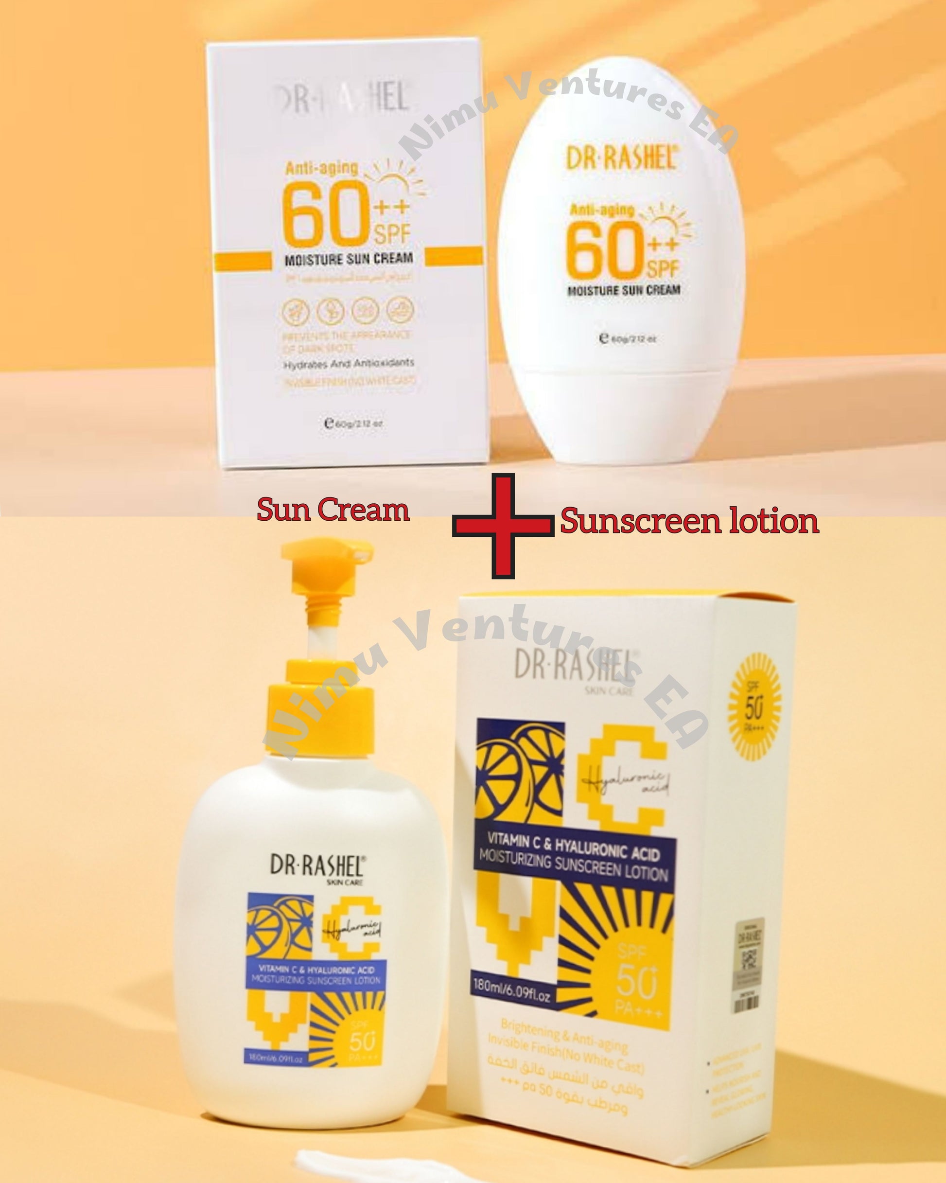 Sun Cream + Sunscreen Lotion - Dr. Rashel Anti-aging Moisture Sun Cream SPF 60 ++ and Vitamin C & Hyaluronic Moisturizing Sunscreen Lotion SPF 50 Sunblock UV Protection Sunblock No White Cast
