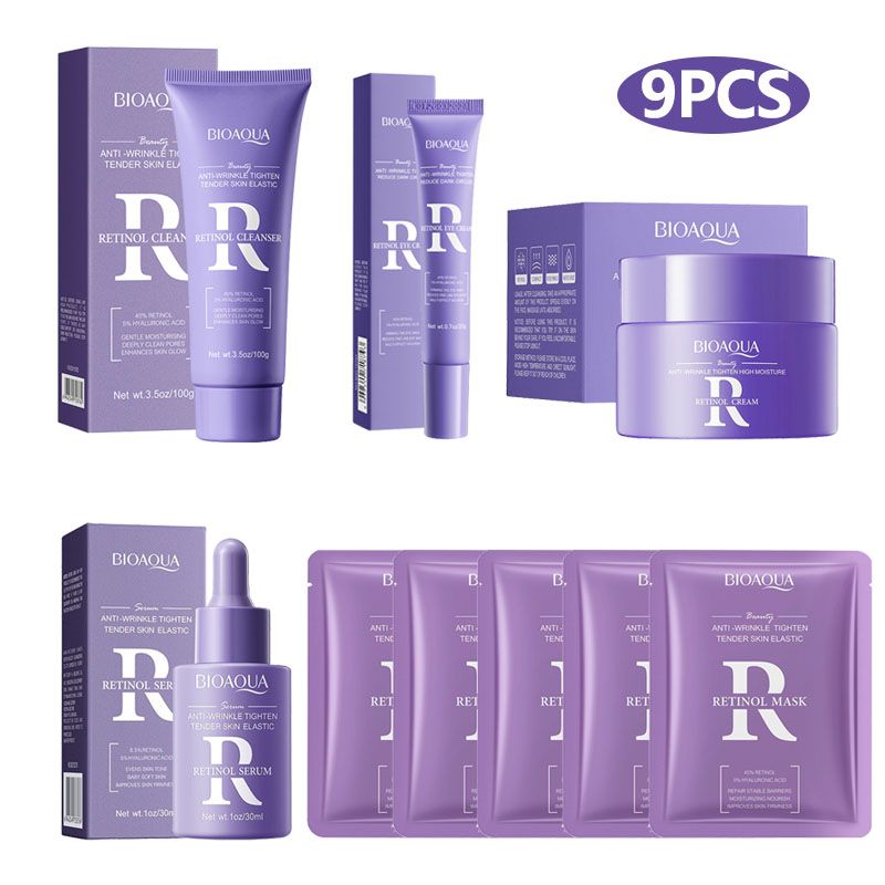 BIOAOUA 9PCS Skin Care Set Retinol Anti-Wrinkle Firming Set Face Cleanser + Face Serum + Face Cream + Eye Cream + 5PCS Face Masks