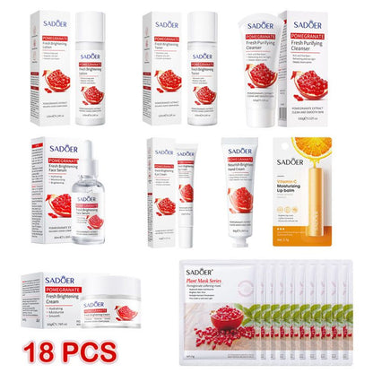 SADOER 18PCS Skin Care Set Red Pomegranate Gifts Set Moisturizing Face Brightening Lotion + Face Toner + Face Cleanser + Face Serum + Face Cream + Eye Cream + 10PCS Face Masks + Hand Cream + Lip Balm