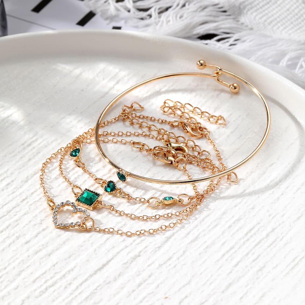 ZHJH 4PCS Women's Gold Bracelet Set Punk Layered Stackable Gold Bracelet With Open Cuffs Wrapped Bracelet Chain Ankle Chain Suitable Emerald inlaid with diamonds For Girls' Fashion Jewelry