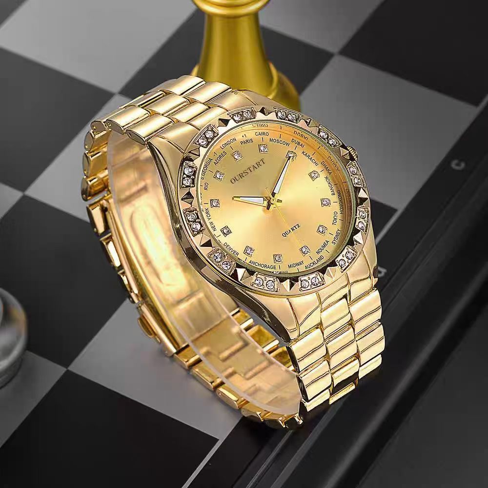 2PCS Lover Watches Business Stainless Steel Back Gold Watch Classic Diamond Rhinestone Couple Gift Watch Hip Hop Metal Color Bling Diamond and Steel Strip Women Men Couple Quartz Watch