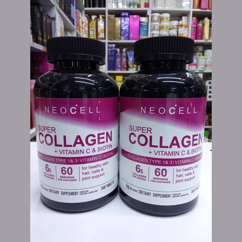 Two bottles of Neocell Super Collagen with Vitamin C & Biotin on a shelf background.
