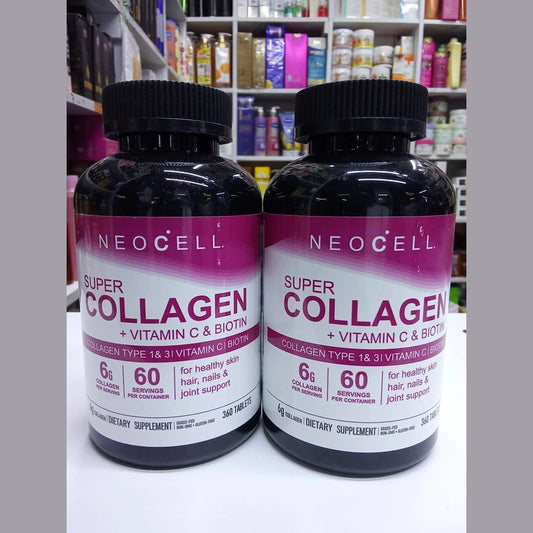 Two bottles of Neocell Super Collagen with Vitamin C & Biotin on a shelf background.