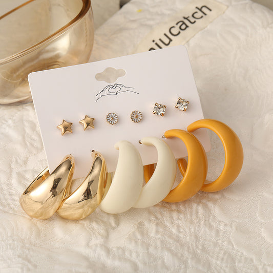 New Creative Simple Acrylic C-type Earring Set 6-pair Inlaid Rhinestone Pentagram Ear Studs Daisy Ear Studs European And American Retro Simple Wedding Birthday