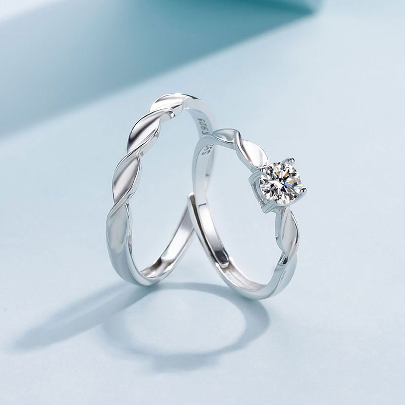 2 PCS Couple Rings Set Shining Galaxy Couple Rings Light Luxury Twisted Design Diamond Ring Valentine's Day 520 Gift Men And Women Jewelry Rings Adjustable 925 Silver Ring Anniversary Gift