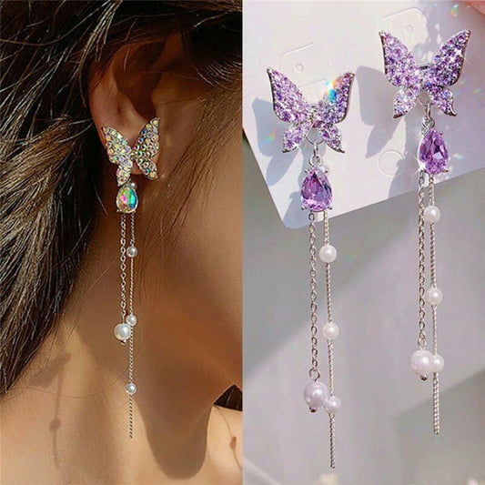 2024 Fashion Jewellerys 1 Pair Shiny Butterfly Rhinestone Drop Dangle Earrings Women Elegant Long Pearl Tassel Chain Pendant Party Jewelry Earrings Jewelry for Teen Girls Gift Spring Earrings Gifts