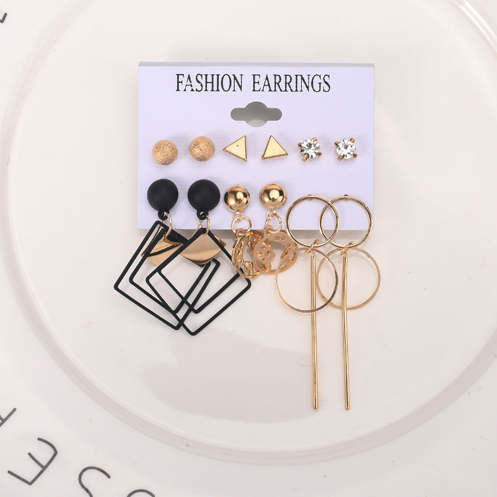 2022 new fashion beautiful 6pcs/set diamond earrings black punk exaggerated earrings pearl earrings golden triangle earrings hot selling gift for women