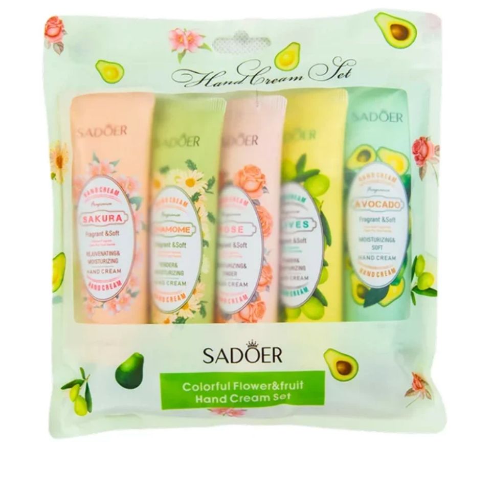 5PCs Sadoer Moisturizing Hand Cream Set Flower & Fruit Sakura Chamomile Rose Avocado Olives