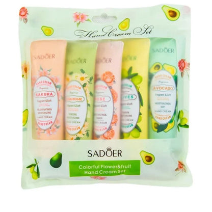 5PCs Sadoer Moisturizing Hand Cream Set Flower & Fruit Sakura Chamomile Rose Avocado Olives