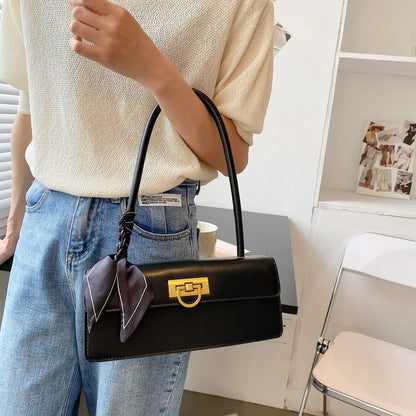 Ladies Underarm Bag Women Handbag Black PU Bag Ribbon Decoration Small Bag Phone Bag