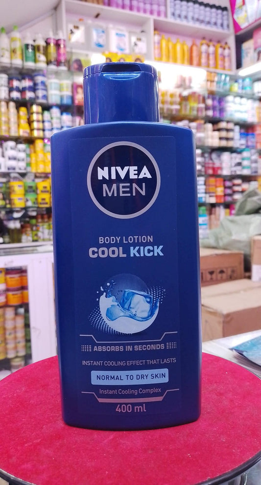 Nivea Men Cool Kick body lotion bottle on a red surface with a store shelf in the background