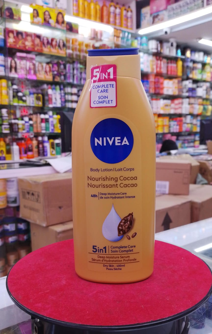 Nivea body lotion bottle on a red surface with a store shelf in the background
