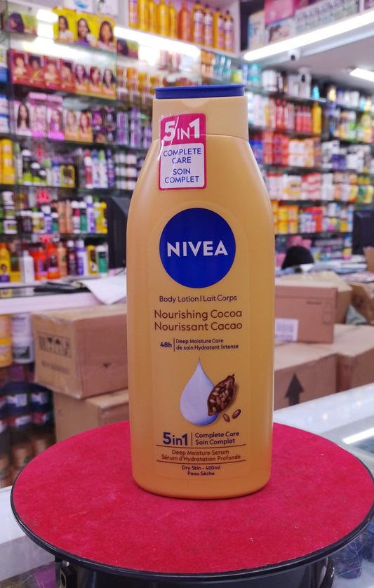 Nivea body lotion bottle on a red surface with a store shelf in the background
