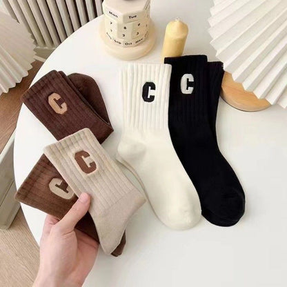 5 Pairs Of Socks Cotton Stockings Bling Ladies Trend All-fit Mid-tube Socks Autumn Winter Vertical Bar Letter Kinematic Growth Socks