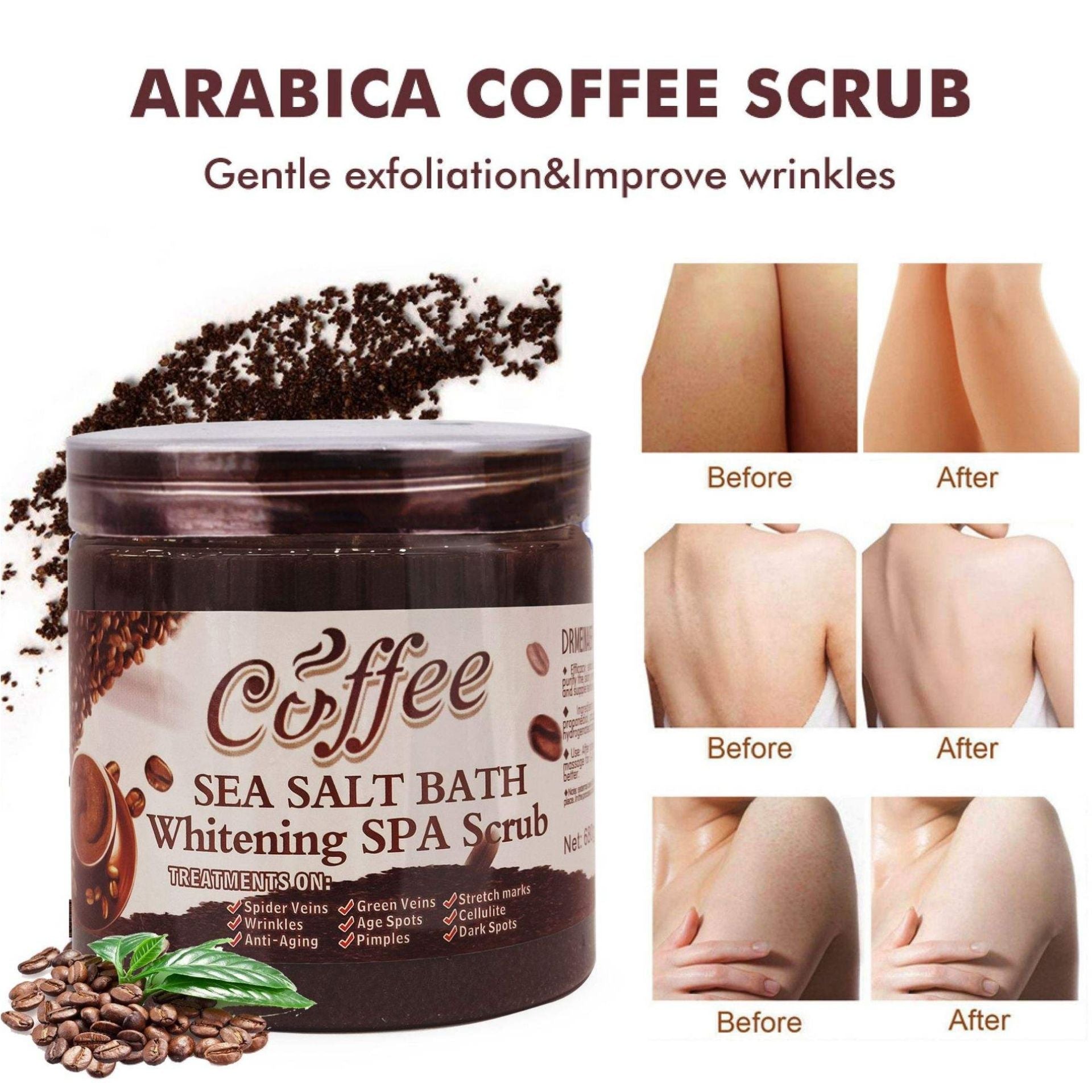 Coffee Sea Salt Bath + Gloves Pair - Brightening & Whitening SPA Scrub Exfoliating Face Body Dead Skin Dr Meinaier and Exfoliating Bath Glove Cleaning Body Cleanser Set