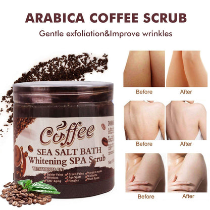 Coffee Sea Salt Bath + Gloves Pair - Brightening & Whitening SPA Scrub Exfoliating Face Body Dead Skin Dr Meinaier and Exfoliating Bath Glove Cleaning Body Cleanser Set