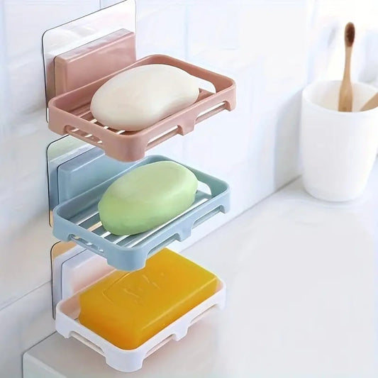 New Arrivals 2PCS Wall Mounted Soap Dishes Rectangular Plastic Soap Holder Bathroom Shower Soap Tray with Drain Kitchen Sponge Organizer