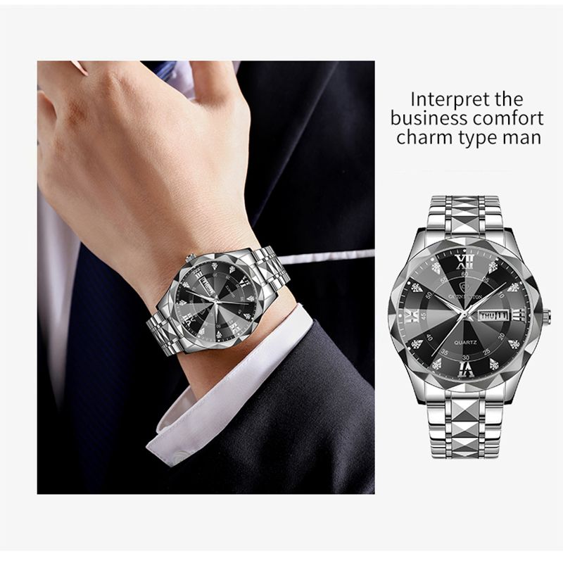 Men Watch Water Diamond Luxury Night Glow Double Calendar Quartz Movement 41mm Blue Gold Stainless Steel Fashion Business Watch